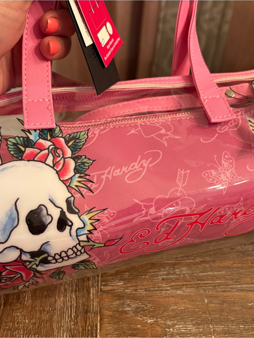 Ed Hardy Pink Skull & Rose Clear Barrel Tote Y2K
